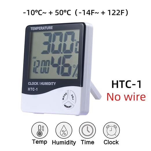 Temperature Humidity Meter,LCD Electronic Digital Outdoor/Indoor Thermometer Hygrometer with Clock Time Humidity Monitor for Home,Bedroom,Pet,Reptile,Plant,Greenhouse,Basement,Guitar (HTC-1)